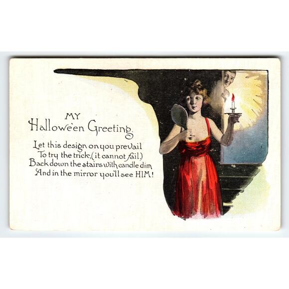 Vintage 1907-1915 Halloween Lithograph Postcard Divided Back Red Dress - Picture 1 of 2